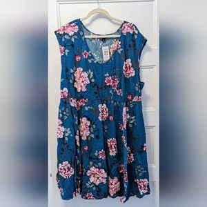 Torrid Womens Dress Size 3 Teal Floral V-Neck Elastic Waist Sleeveless